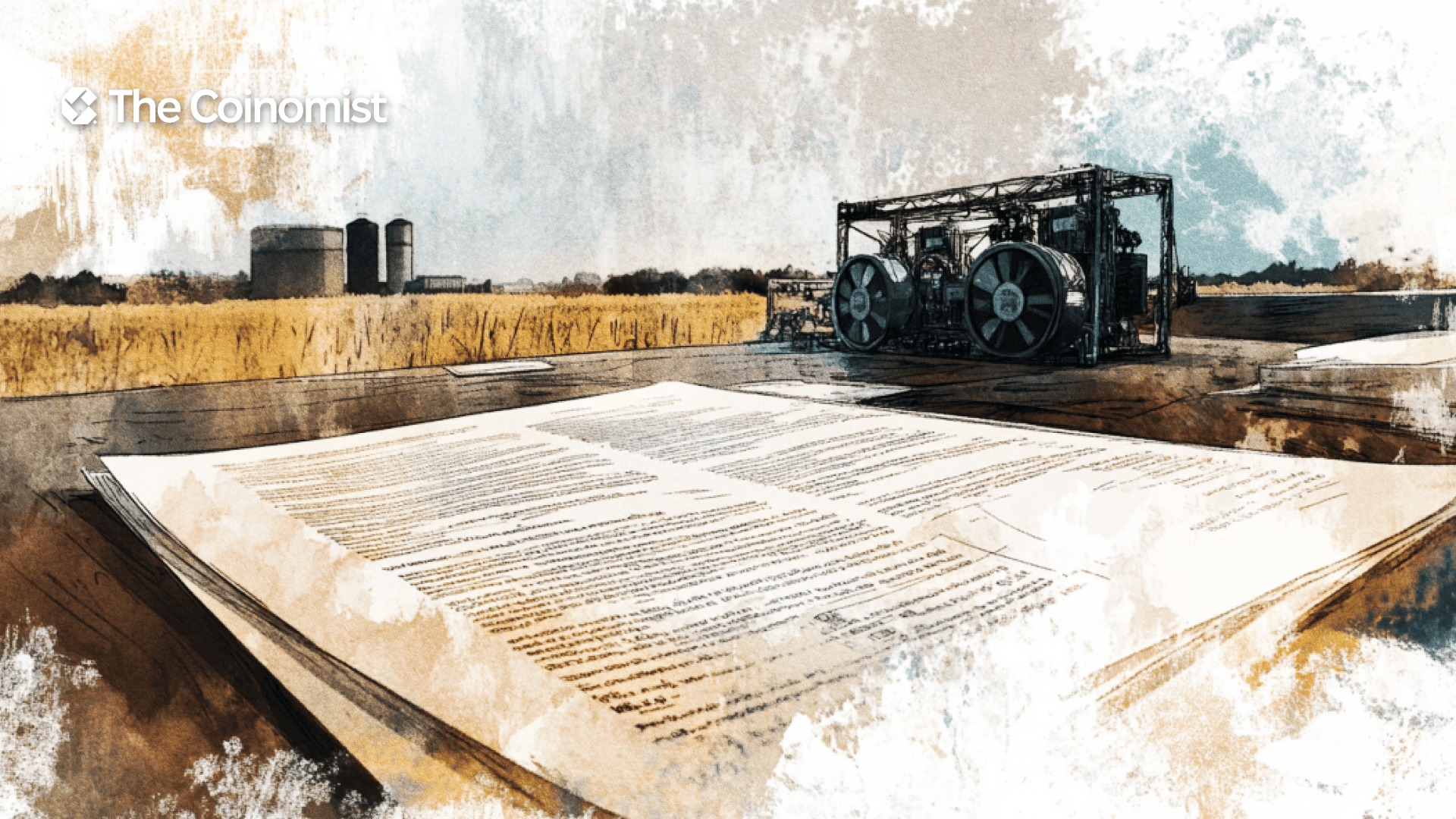 an official stamp or seal to represent a legislative bill. Alongside it, include visual elements of crypto mining—such as rigs, GPUs, or cooling units - The Coinomist