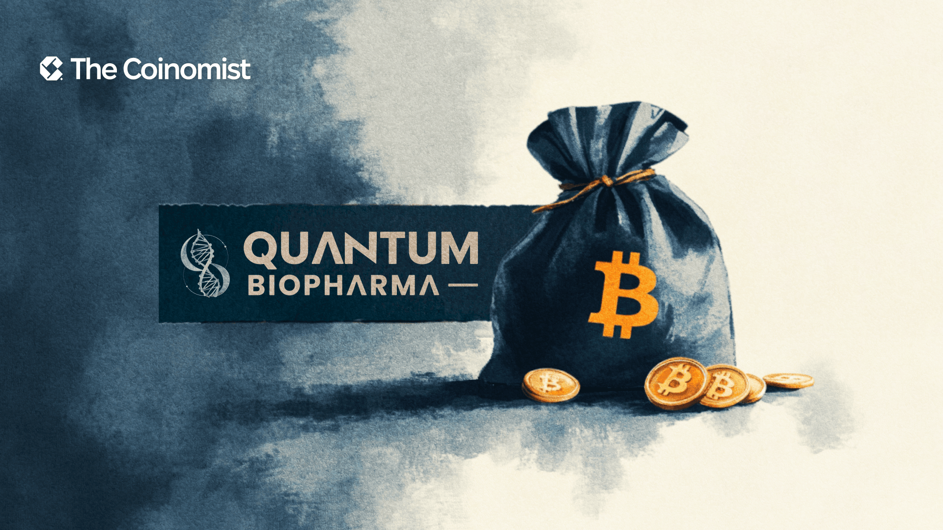 A bag with a bitcoin logo and a Quantum Biopharma label. The Coinomist