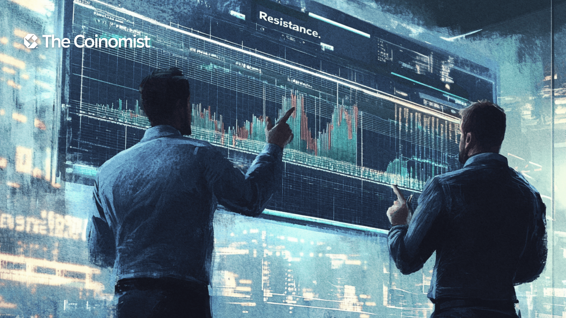 A trader (or two traders, if that makes better artistic sense) is researching a Bitcoin price chart on a large screen, which shows a zone at the top that the price is constantly touching but can't get past - The Coinomist