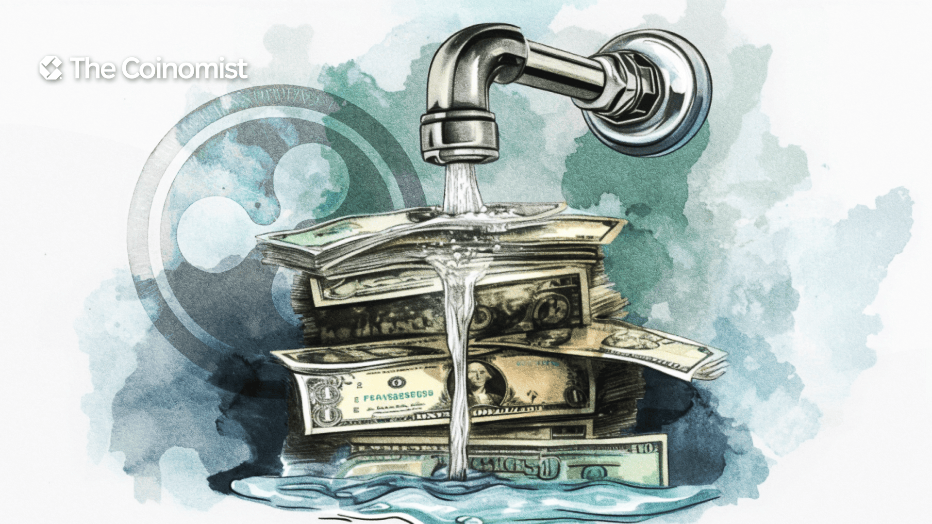 A faucet from which water flows onto bundles of dollars. The Coinomist