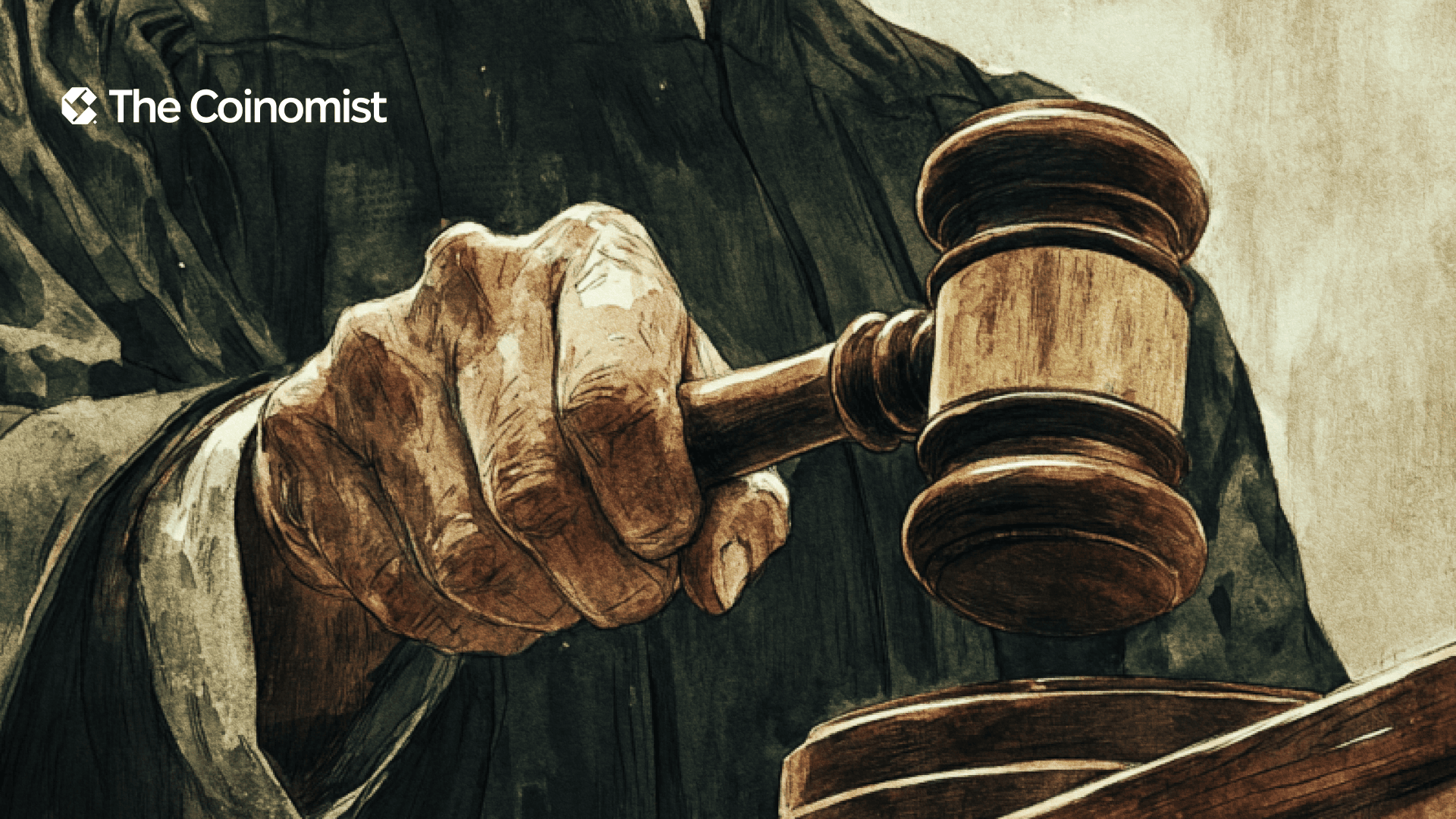 A courtroom scene with a handcuffed male convict standing in front of the judge's bench - The Coinomist