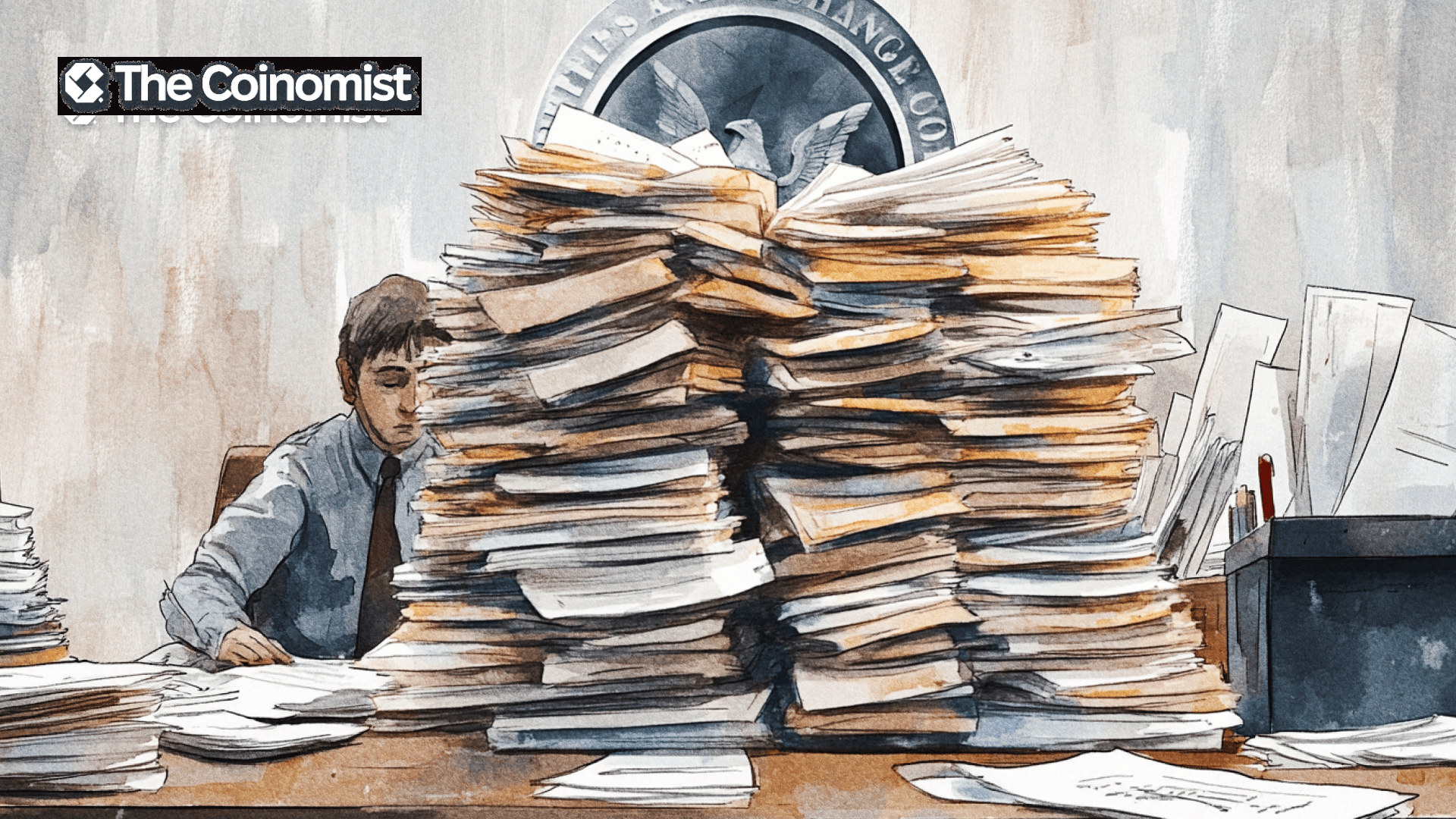 A large stack of documents, reports, and papers is being dropped onto a desk at the SEC - The Coinomist