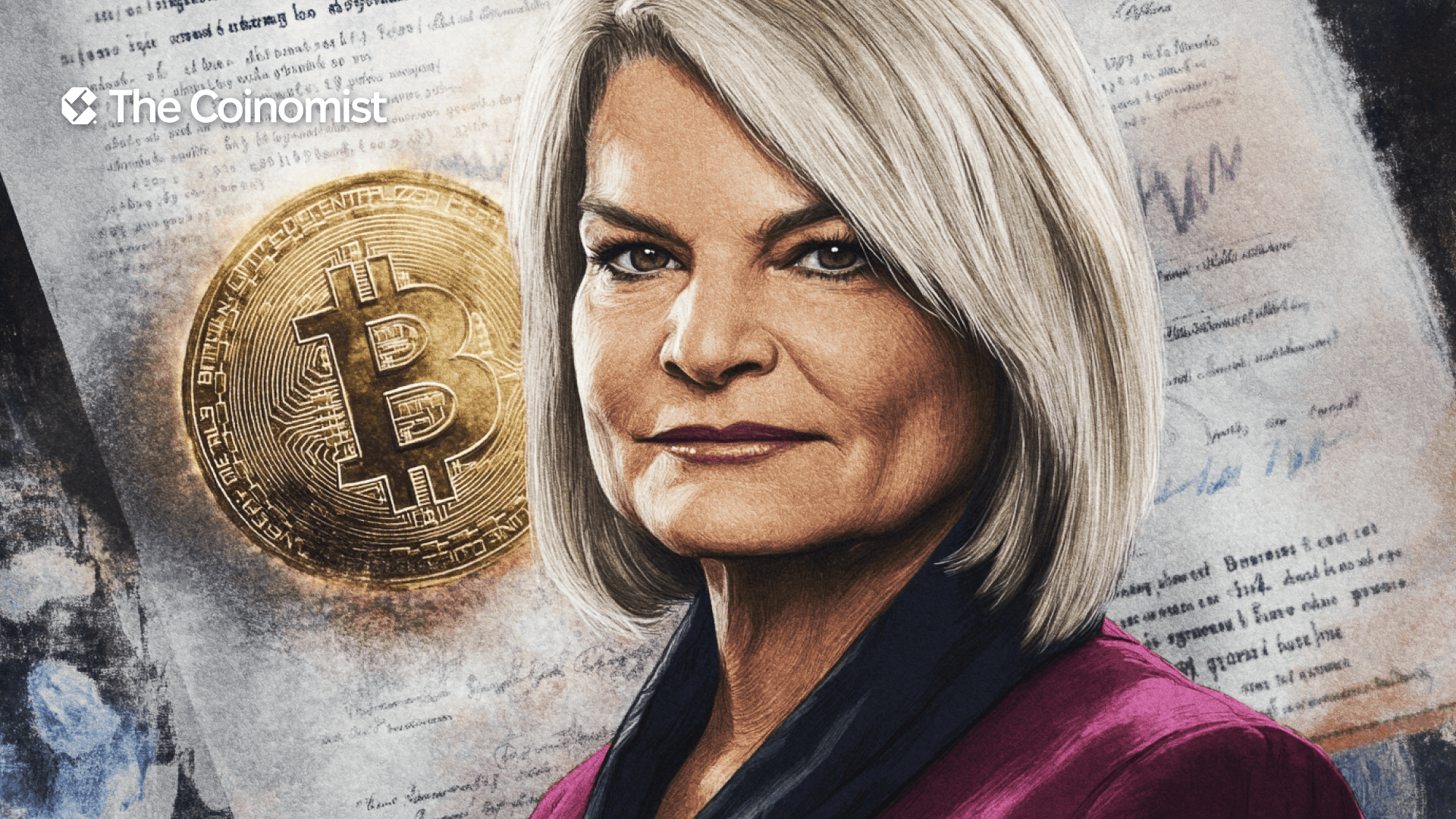 Cynthia Lummis on the cover, with a letter and Bitcoin logo visuals in the background - The Coinomist
