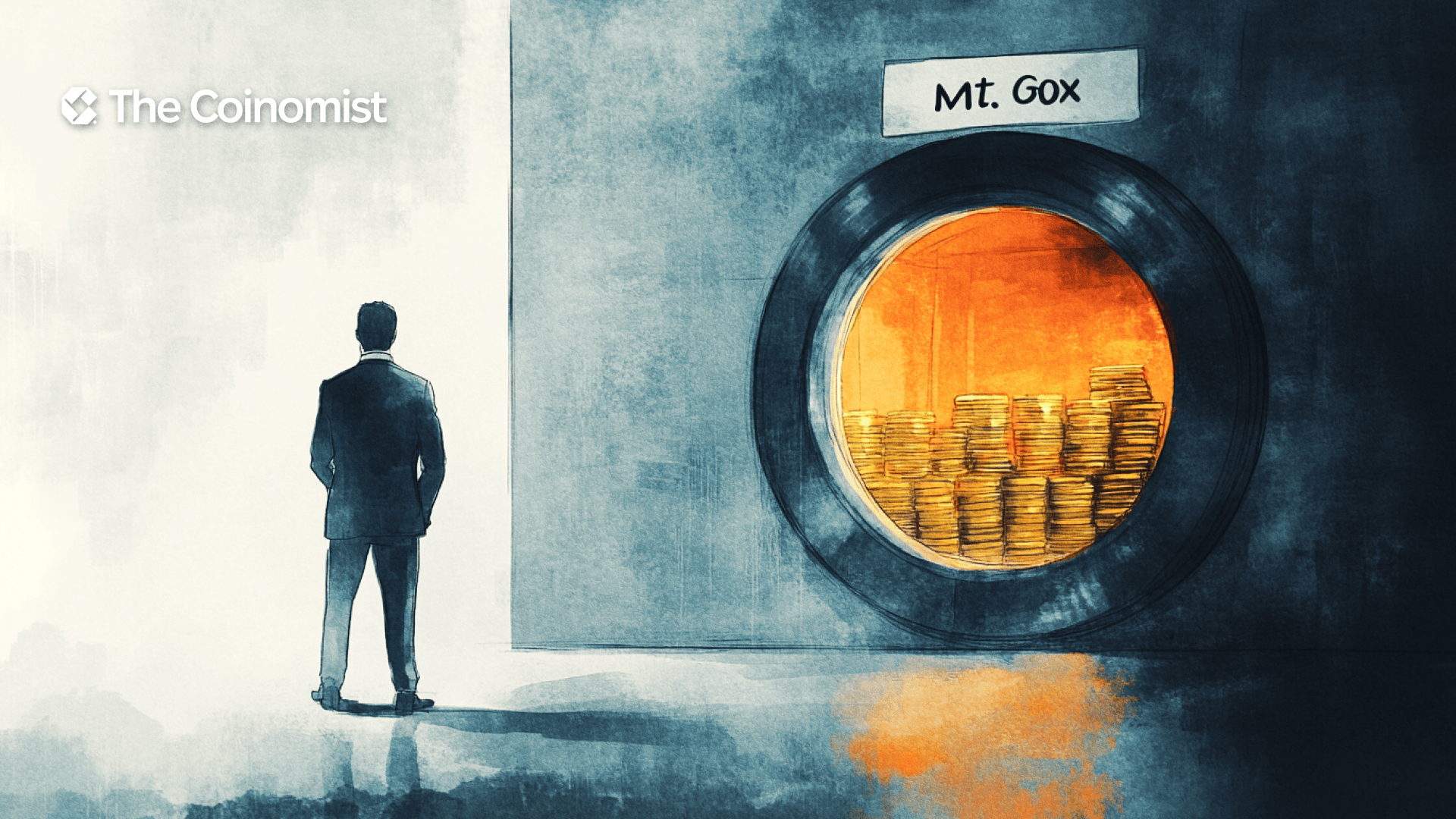 A man stands near a bank vault filled with gold coins, with the inscription Mt. Gox above the vault. The Coinomist