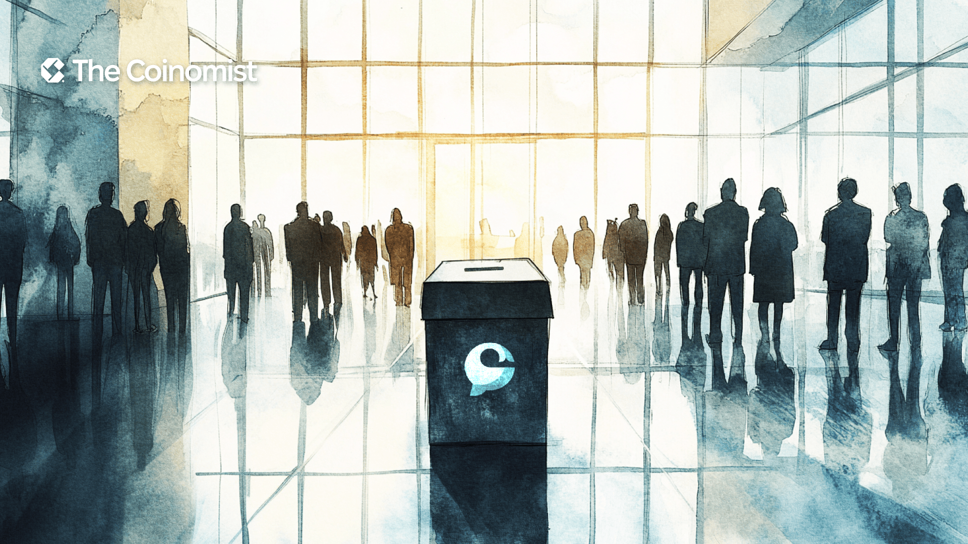 Voting box with a Cetus logo, line of people wearing T-shorts with Sui logo - the Coinomist