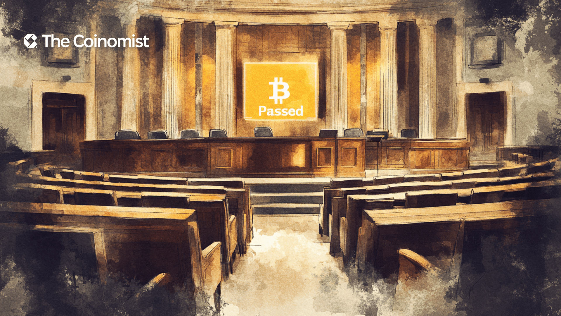 Texas State House of Assembly with a poster of the Bitcoin logo and a "passed" sign. The Coinomist
