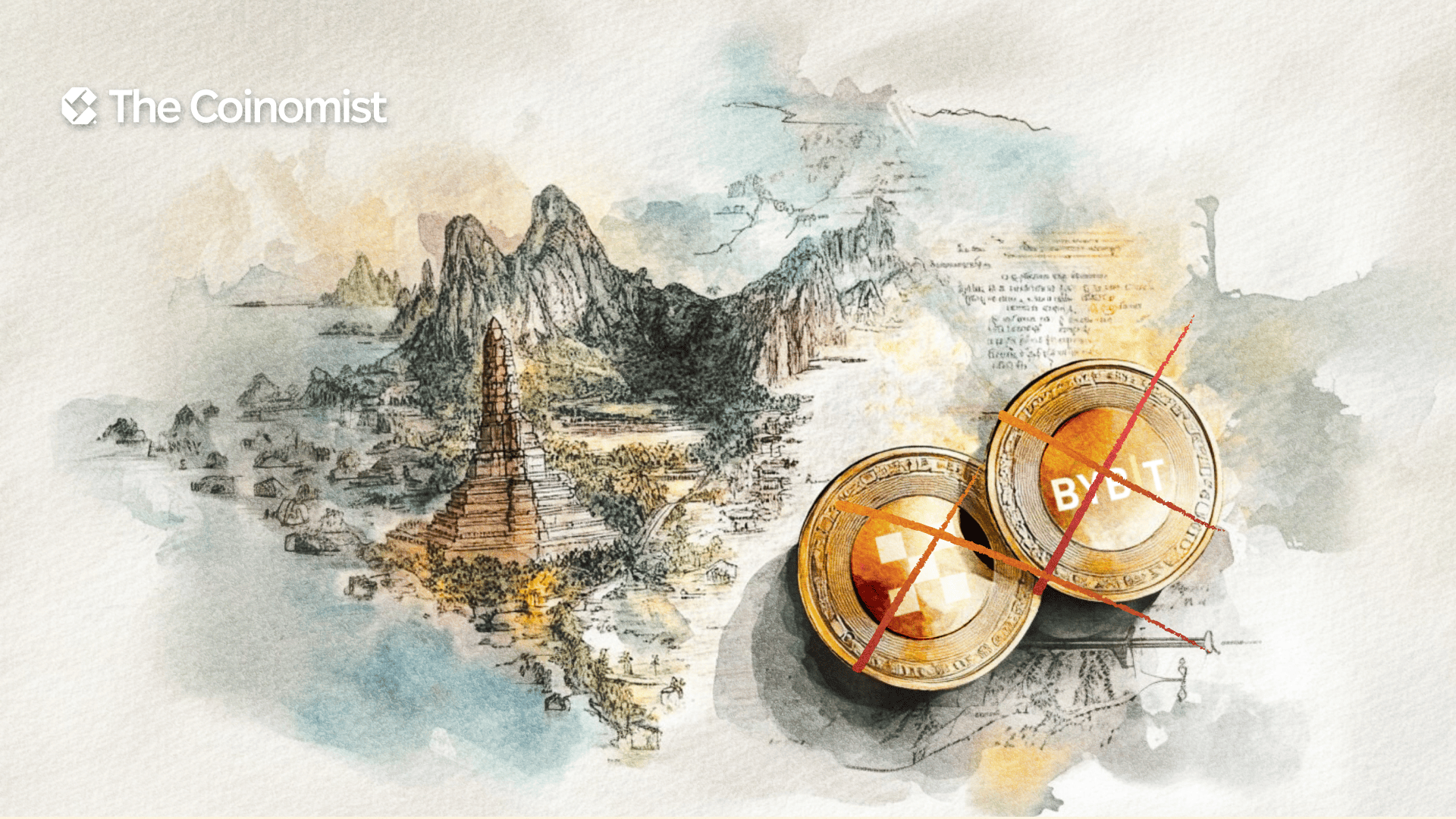 Thailand on the map, top view. OKX and ByBit logos are crossed out next to each other - The Coinomist