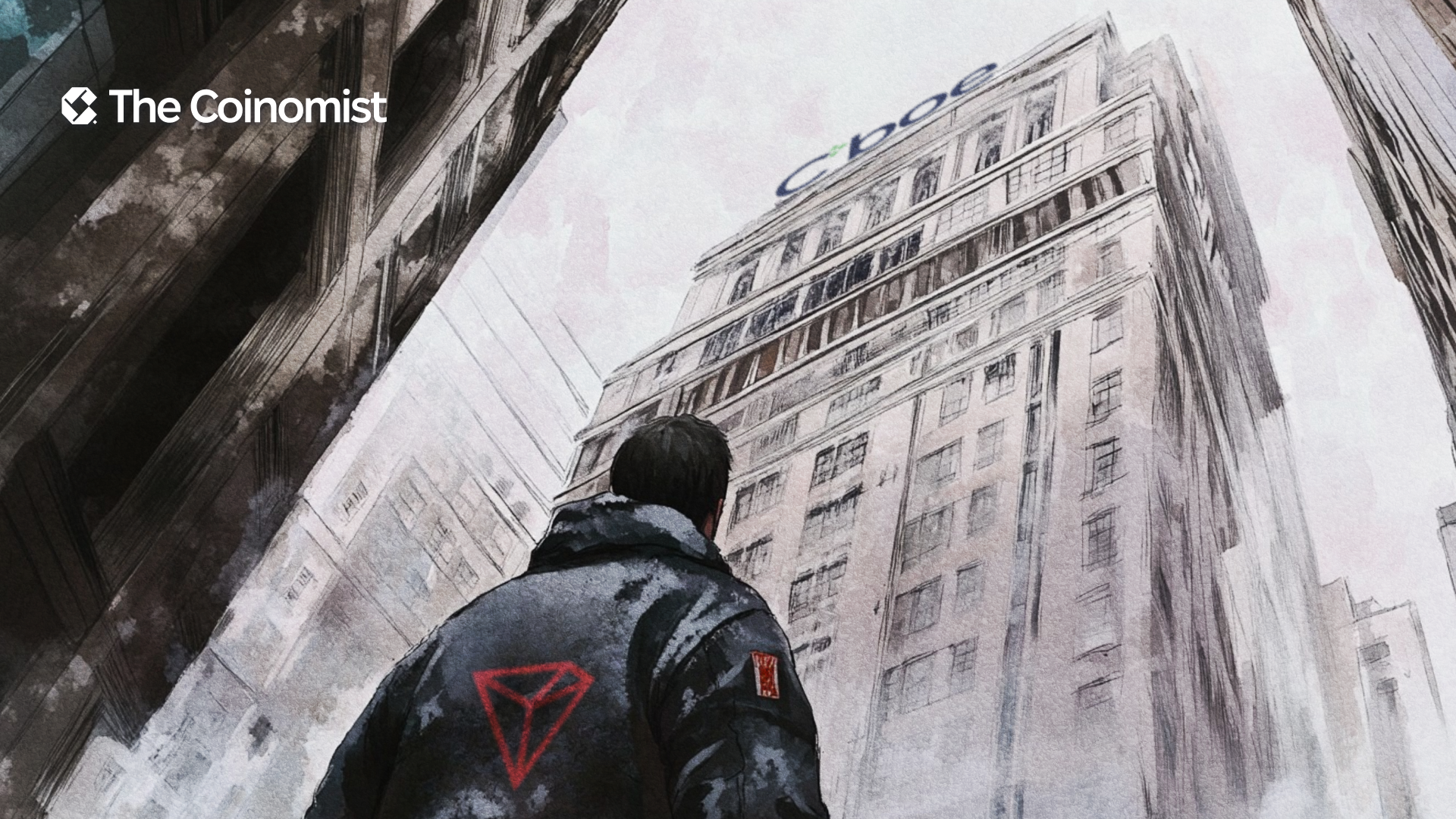a character standing on Wall Street, looking up at a building labeled “Cboe.” - The Coinomist