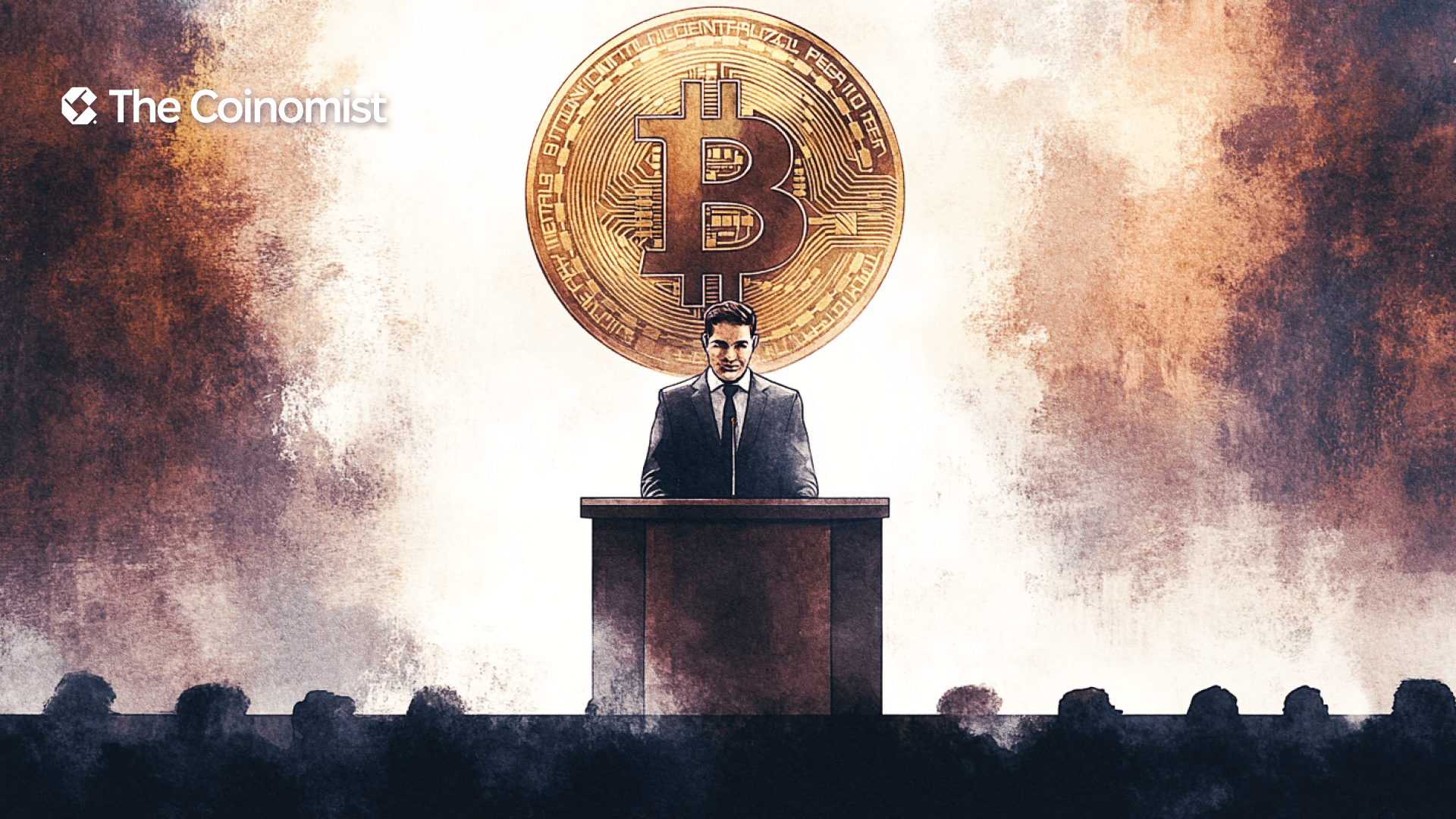 A person in a suit standing at a podium with a microphone. The Bitcoin logo in the background - The Coinomist