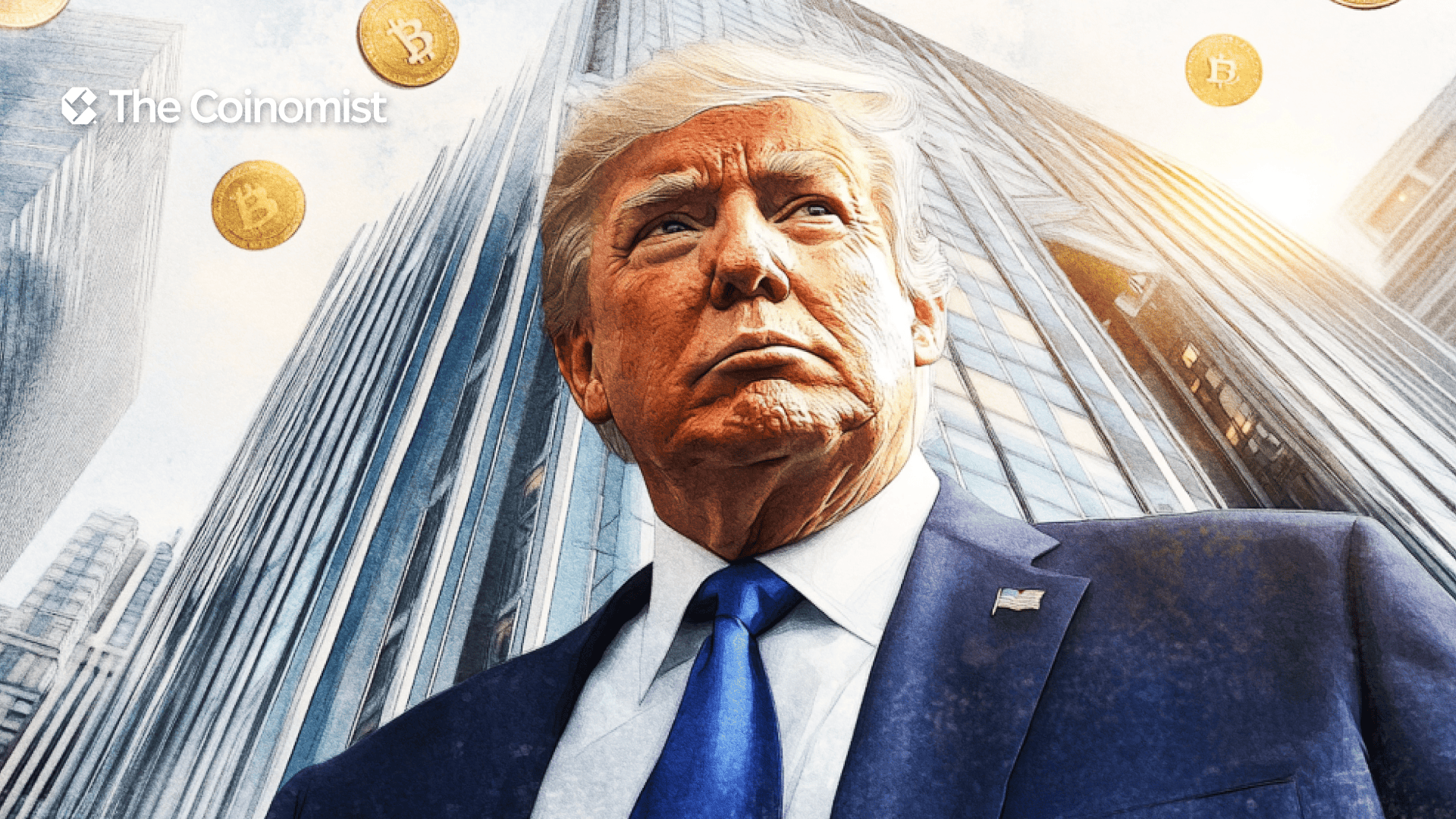 Trump Media and Technology Group (TMTG) logo, BTC rain - The Coinomist