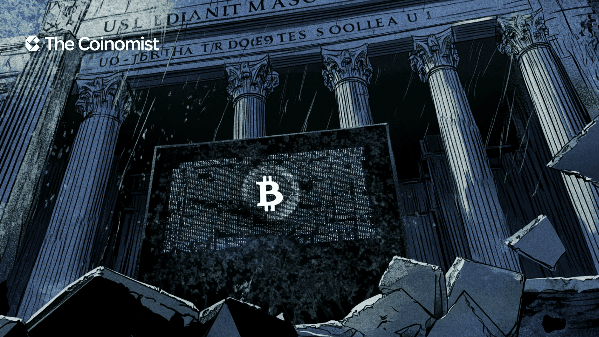 A ruined administrative building with Roman columns, in front of which stands a screen with an image of Bitcoin. The Coinomist