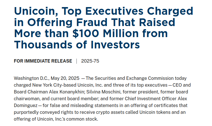 Excerpt from the SEC press release on charges against Unicoin – The Coinomist