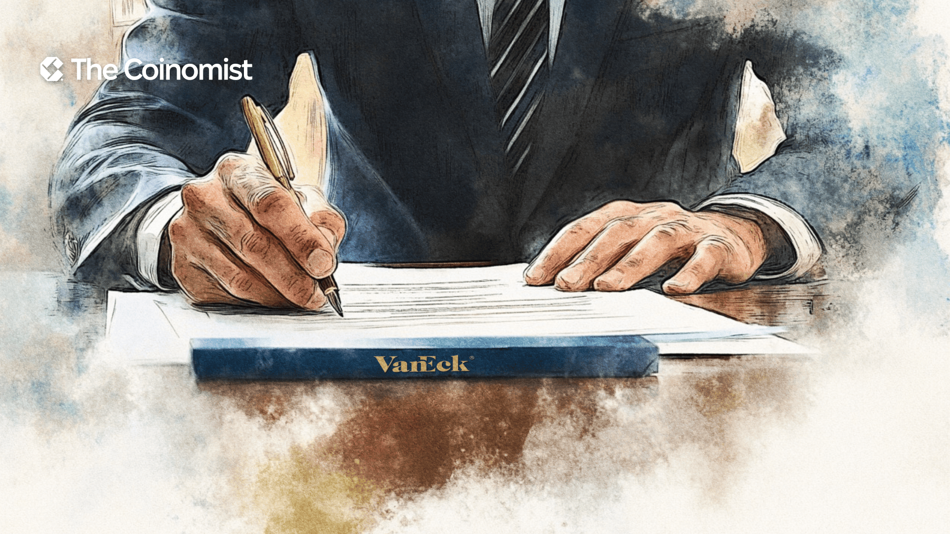 VanEck logo, signing documents with RWA caption in the backgroud - The Coinomist