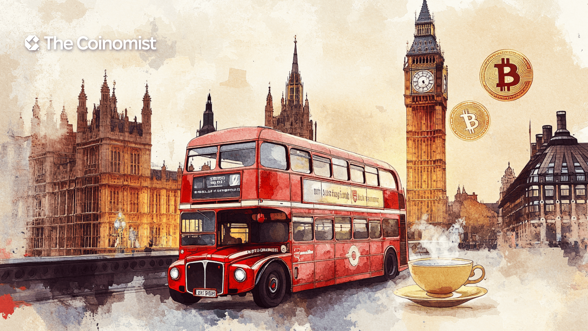 A double-decker red British bus drives near the British Parliament, with Bitcoin coins reflected in the sky. The Coinomist