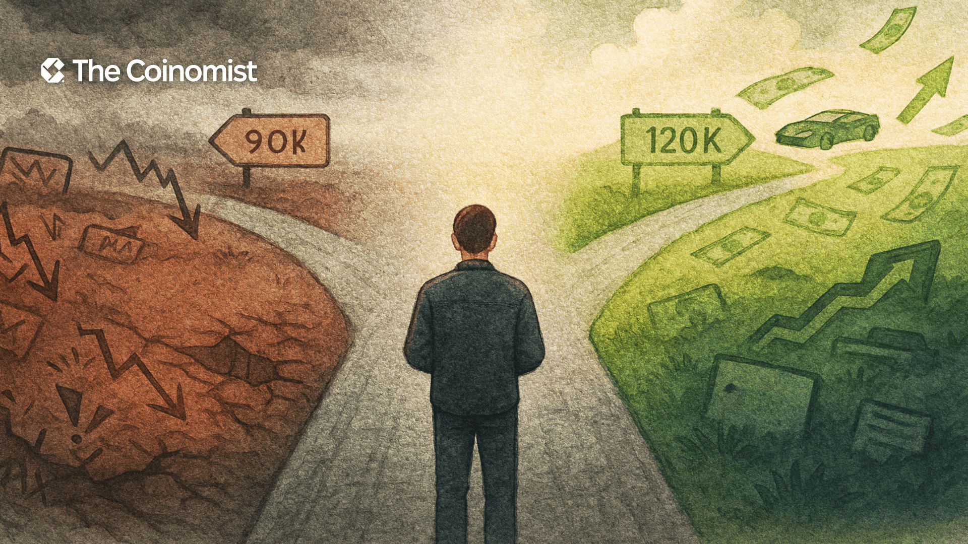 A fork in the road. One path is dark and red. The other path is bright and green. In the center stands a character at a crossroads. The Coinomist