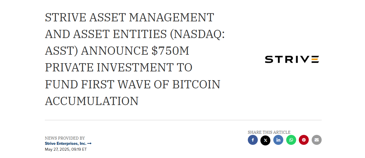 First page of Strive’s $750M funding press release — The Coinomist.