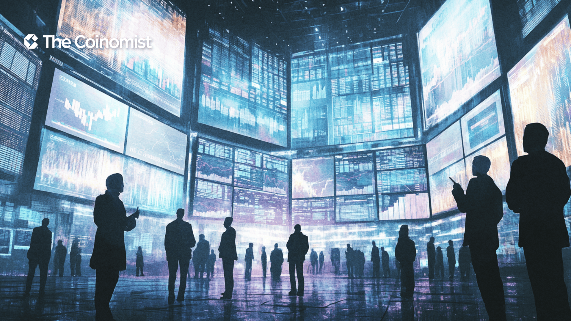 Giant LED screens displaying stock prices, news tickers, and charts - The Coinomist