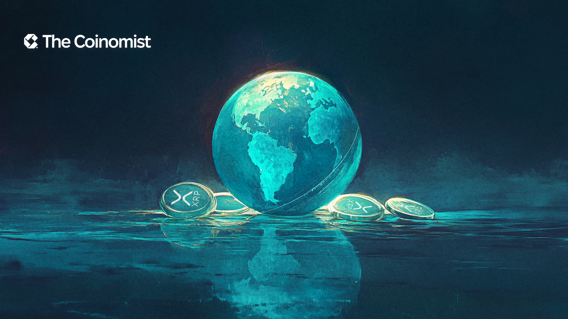A digital world map with glowing travel routes as the focus, and a small XRP logo in the background - The Coinomist