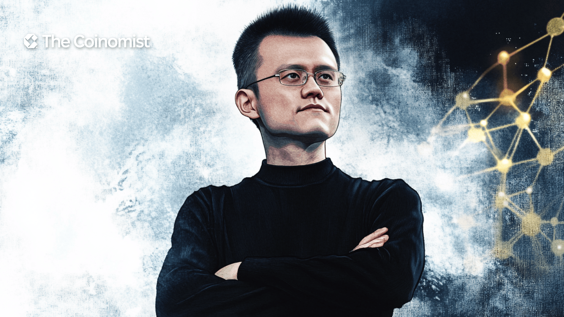 Changpeng Zhao (CZ), dark colors blockchain in the background - The Coinomist