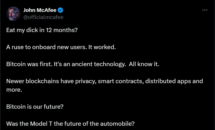 Alt: Screenshot of John McAfee’s 2020 X post - The Coinomist