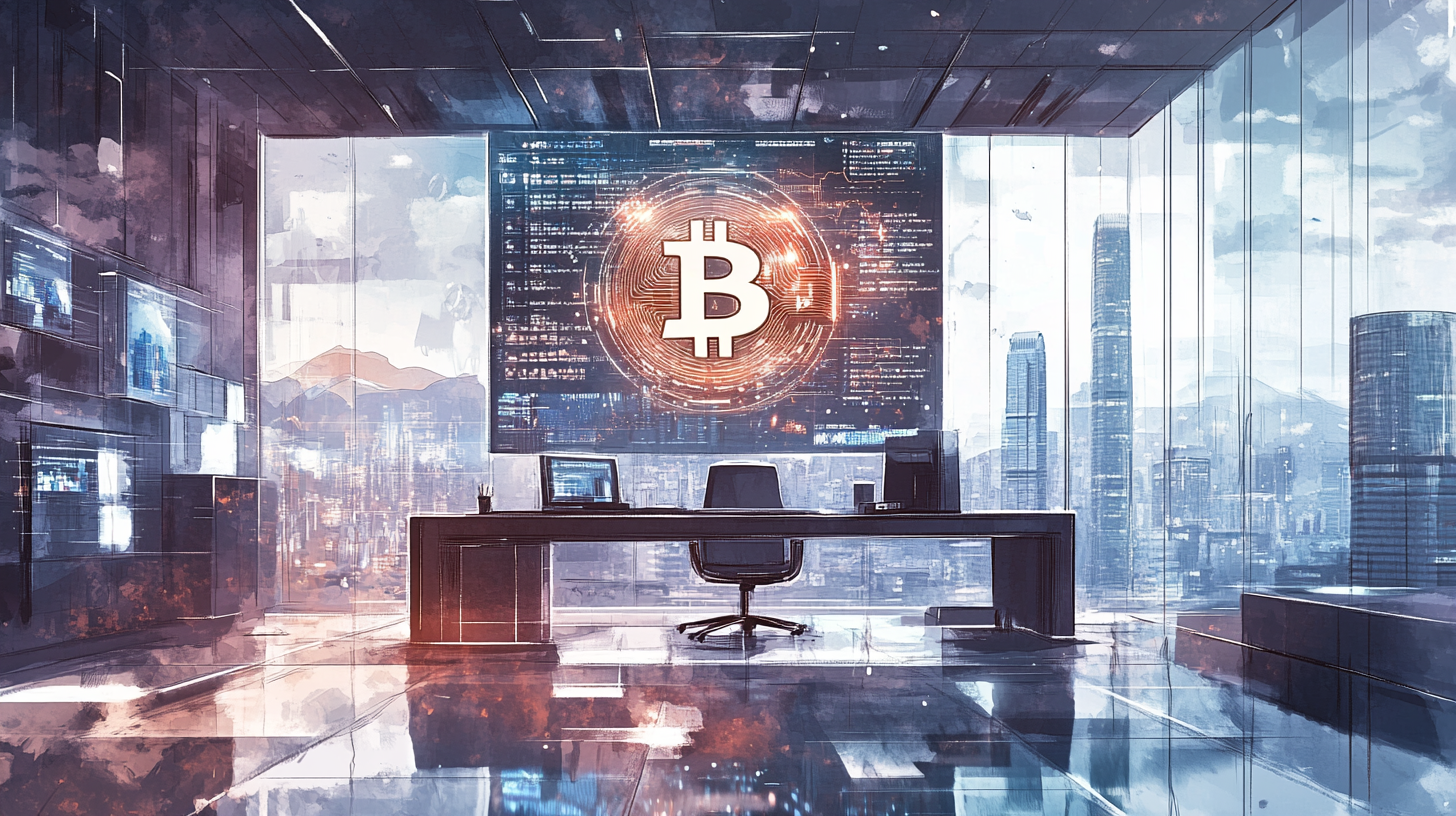 A table with a laptop on it, a chair next to it and a Bitcoin logo on a billboard - The Coinomist