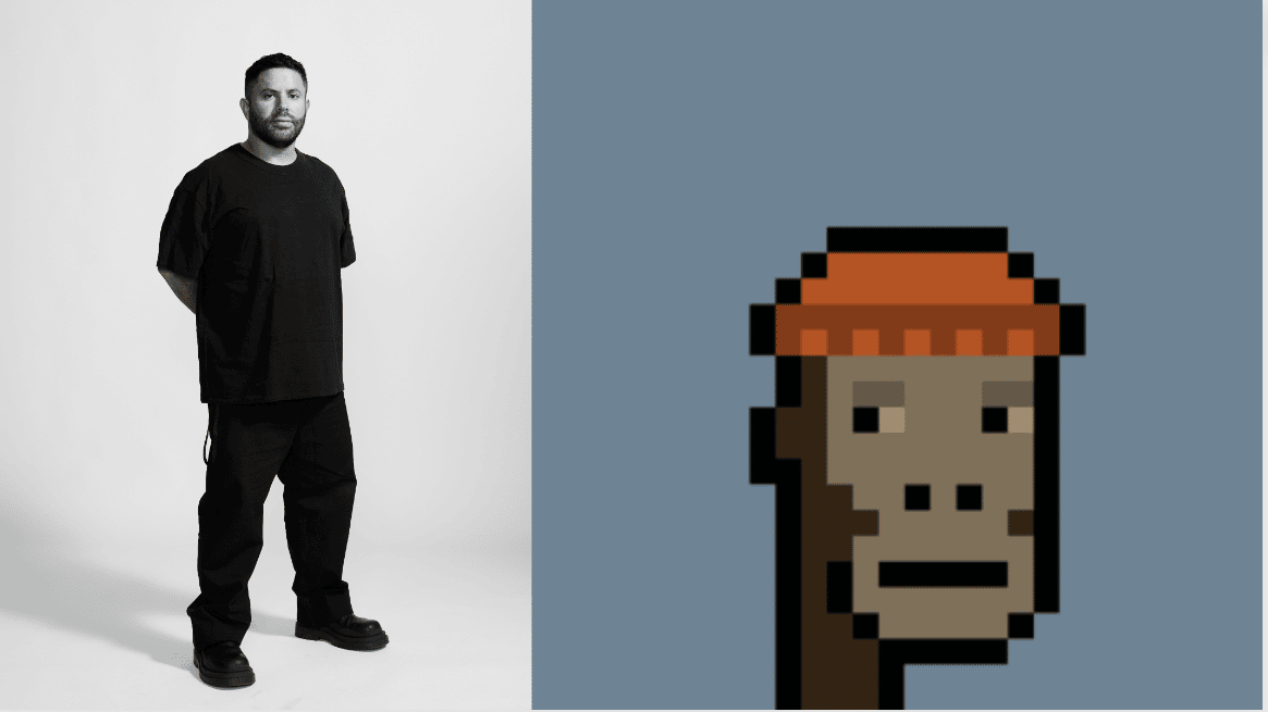 Side-by-side portrait of Gmoney (left) in a black outfit and his iconic CryptoPunk avatar (right), highlighting the visual continuity between real and digital identities — The Coinomist.