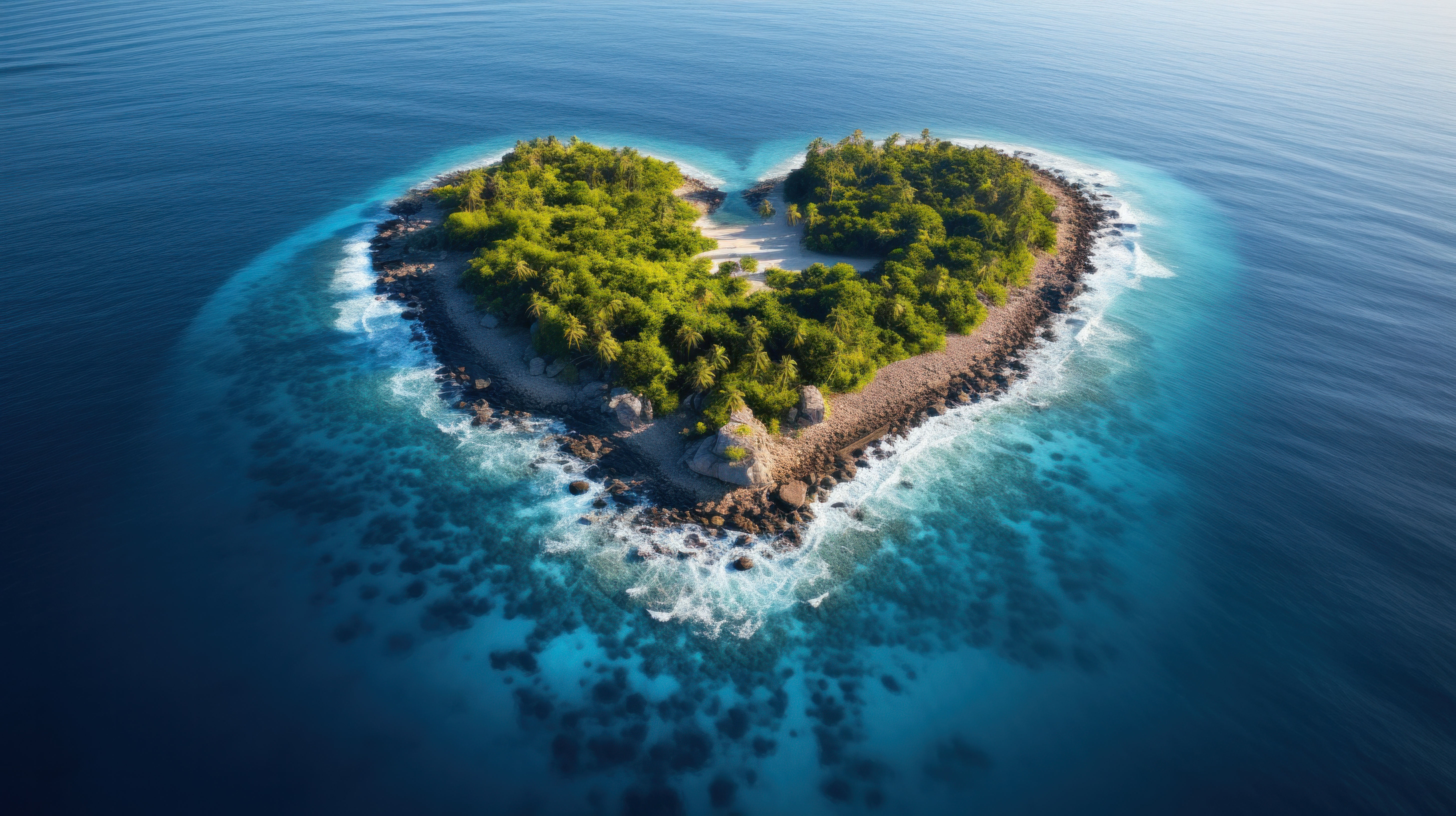Aerial view of a heart-shaped tropical island surrounded by turquoise water, symbolizing small island nations like Nauru embracing bold digital futures – The Coinomist.