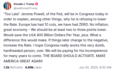 Donald Trump on Truth Social calls for rate cuts - The Coinomist
