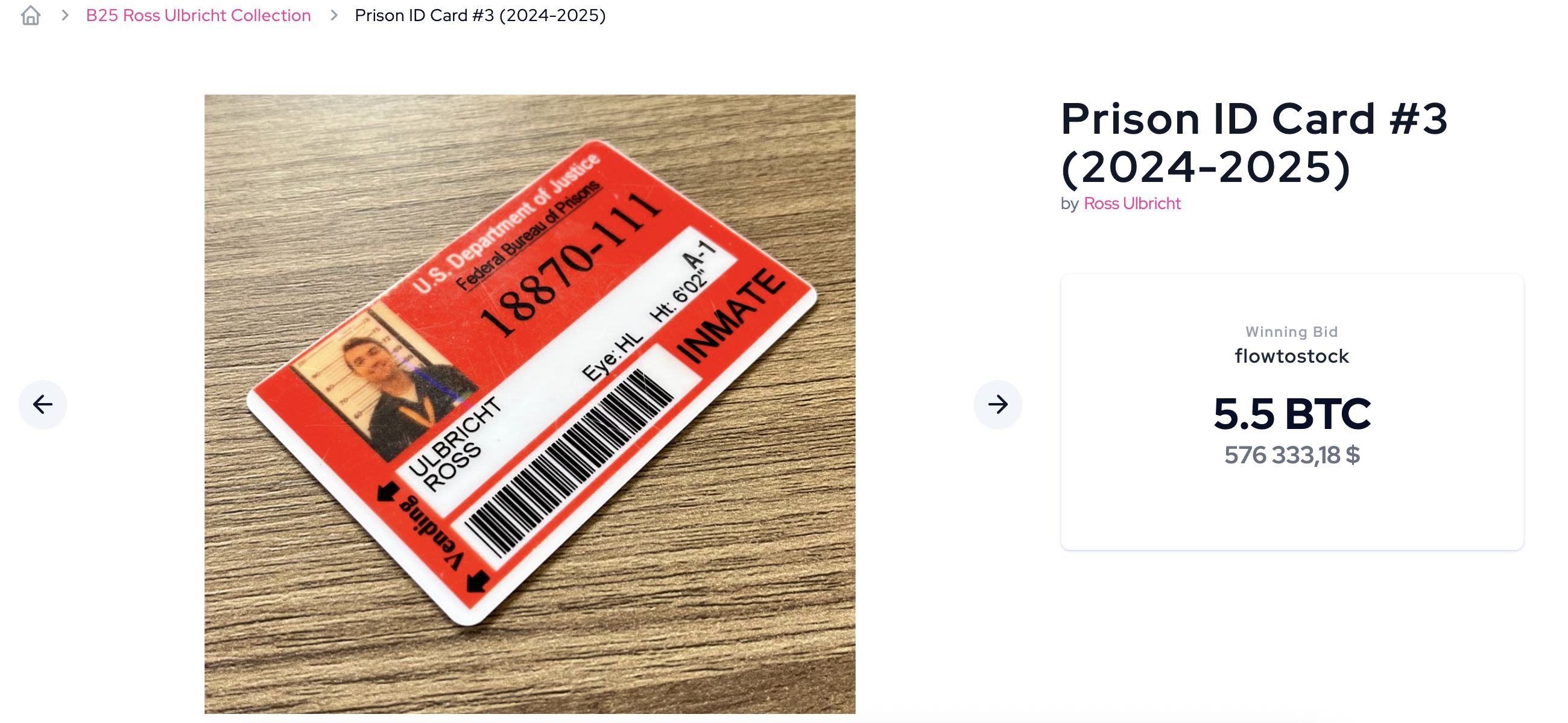 Ulbricht’s prison ID auction screenshot - The Coinomist