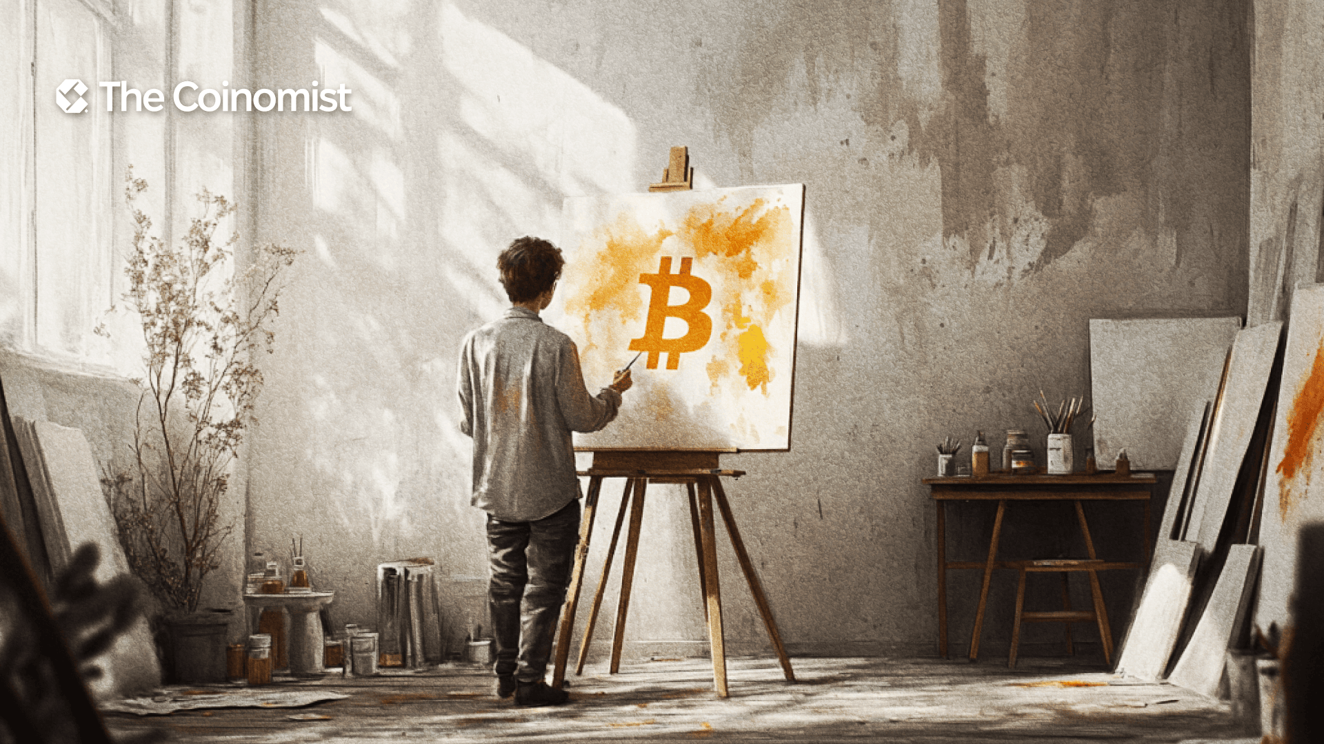 An artist with brushes in front of an easel. On the canvas is an unfinished Bitcoin logo - The Coinomist
