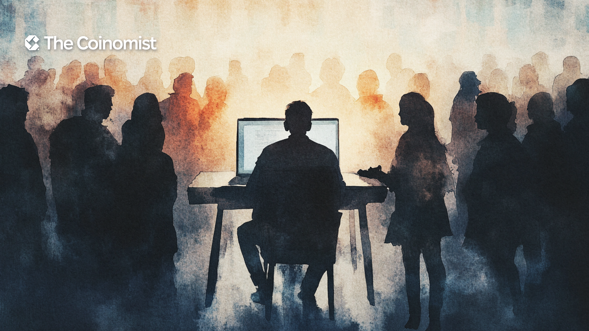 A man with a laptop in his office and a crowd of people around him looking at his screen - The Coinomist