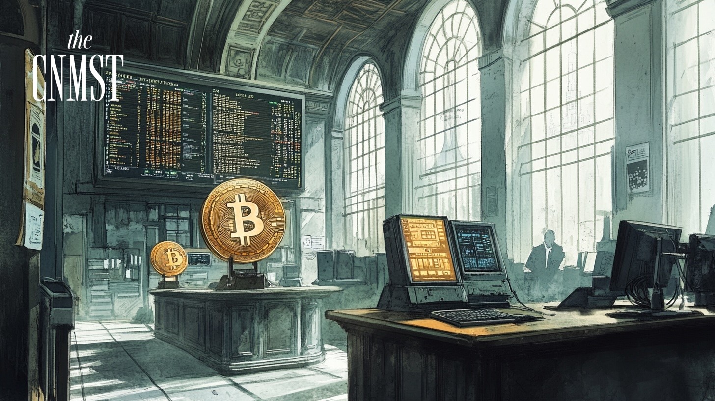 Futuristic illustration of a vintage-style financial trading floor with large Bitcoin symbols and crypto market data on screens, symbolizing the integration of cryptocurrencies into traditional finance systems.