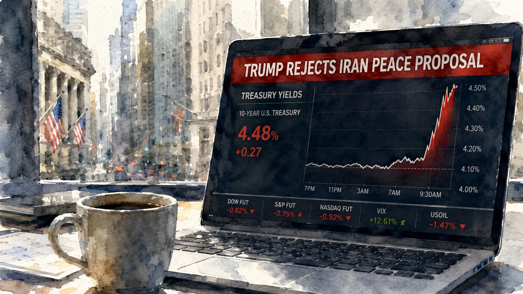 US futures dip as Trump rejects Iran reply; jobs lift yields