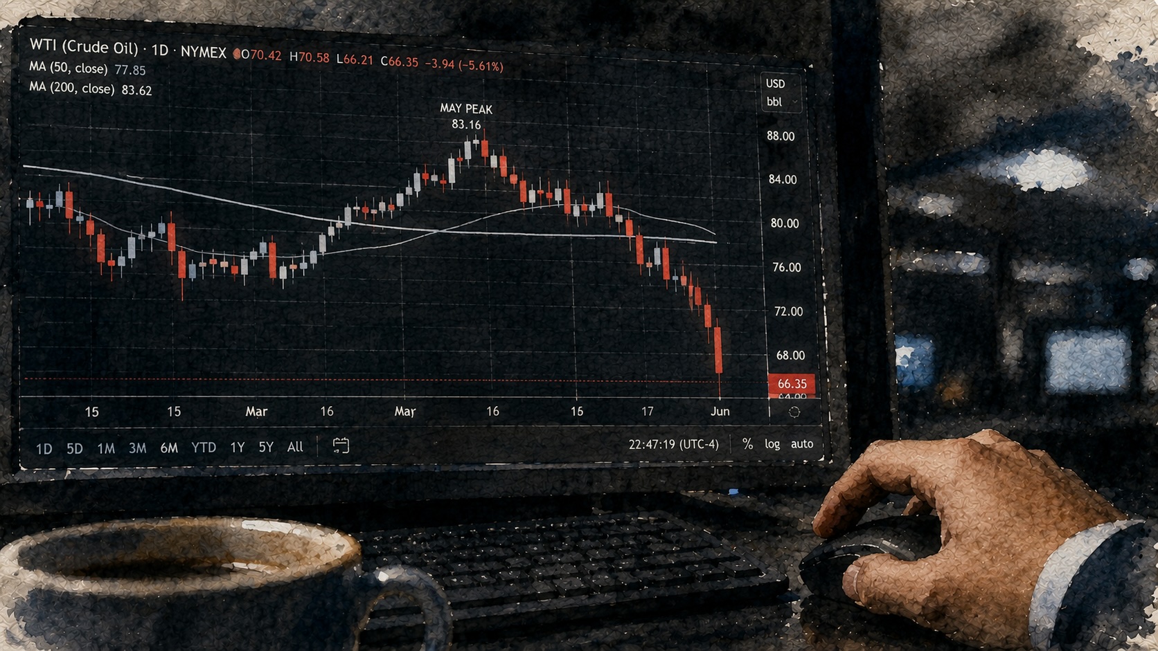 WTI falls 16% in May, remains below key moving averages